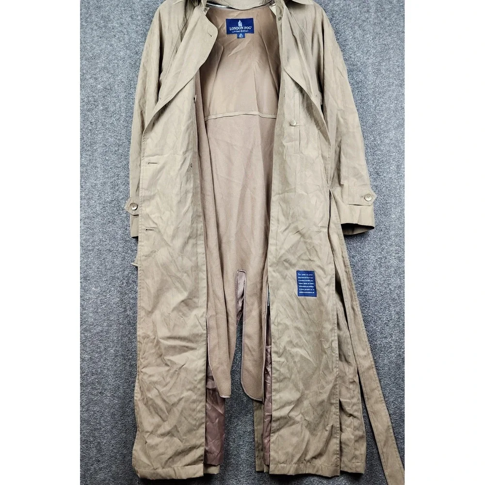 London Fog Trench Coat Womens 10 Reg Tan Belted Hooded Longline Double Breasted